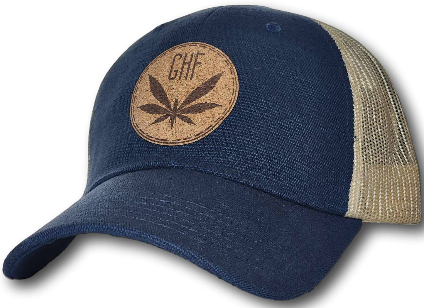 Embossed Leatherette Circle Logo Washed Hemp Trucker Hat