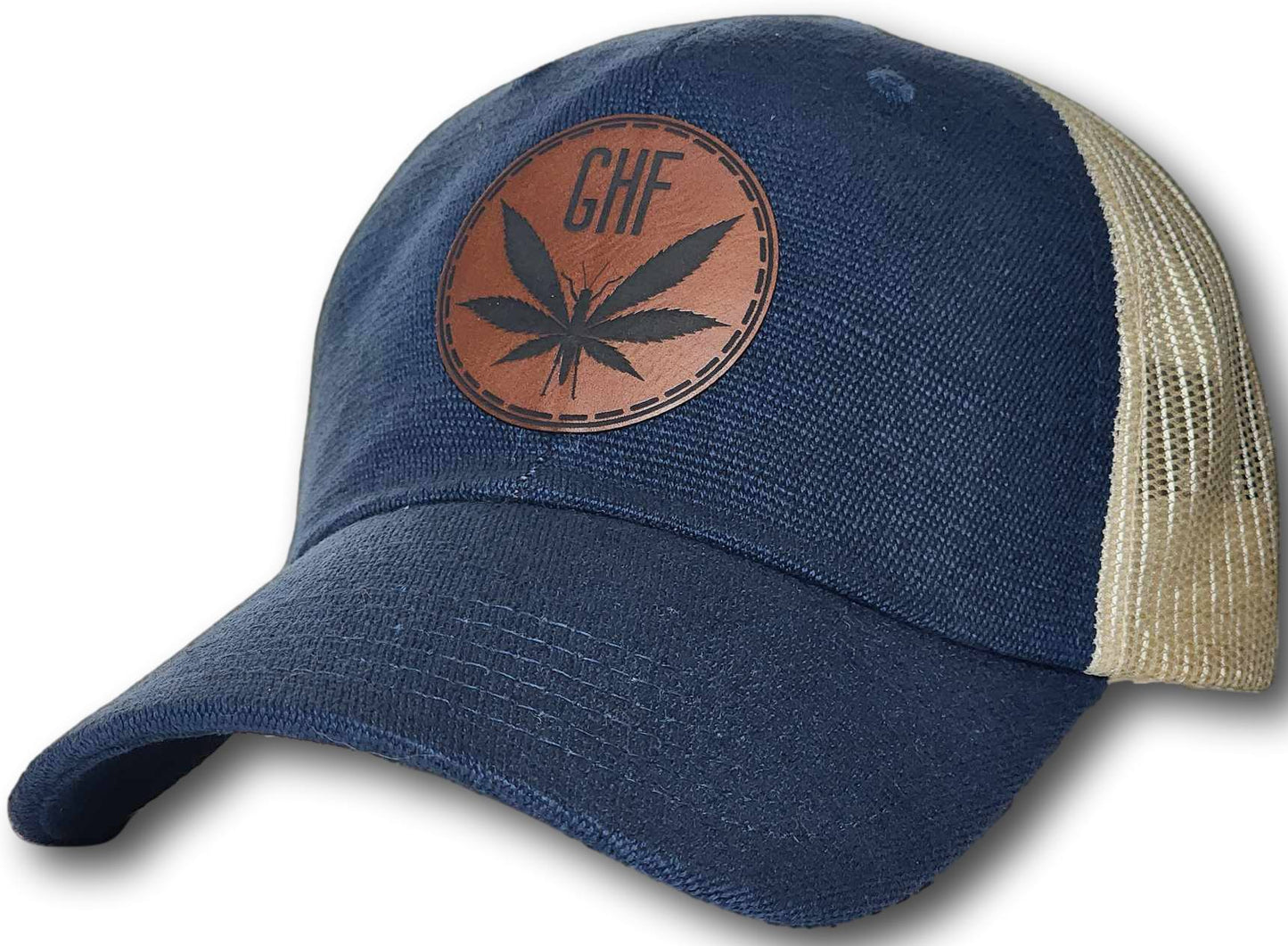 Embossed Leatherette Circle Logo Washed Hemp Trucker Hat