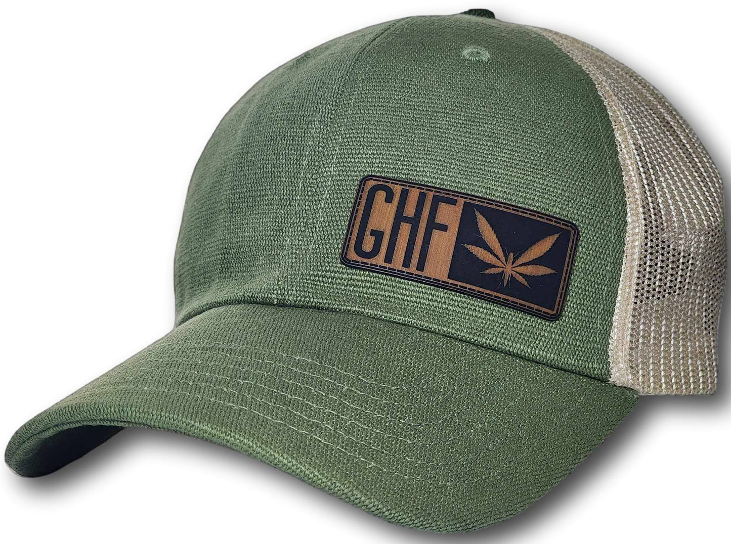 Embossed Leatherette Horizontal Logo Washed Hemp Trucker Hat