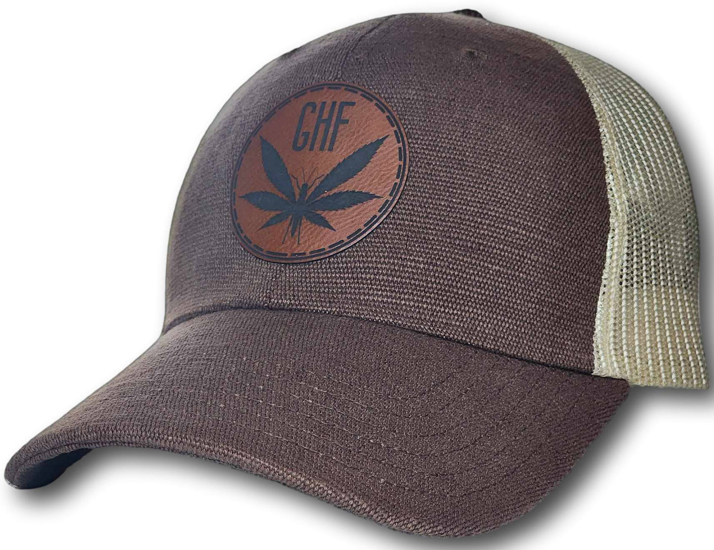 Embossed Leatherette Circle Logo Washed Hemp Trucker Hat