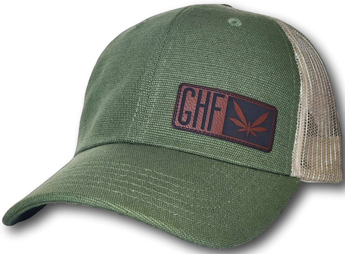 Embossed Leatherette Horizontal Logo Washed Hemp Trucker Hat