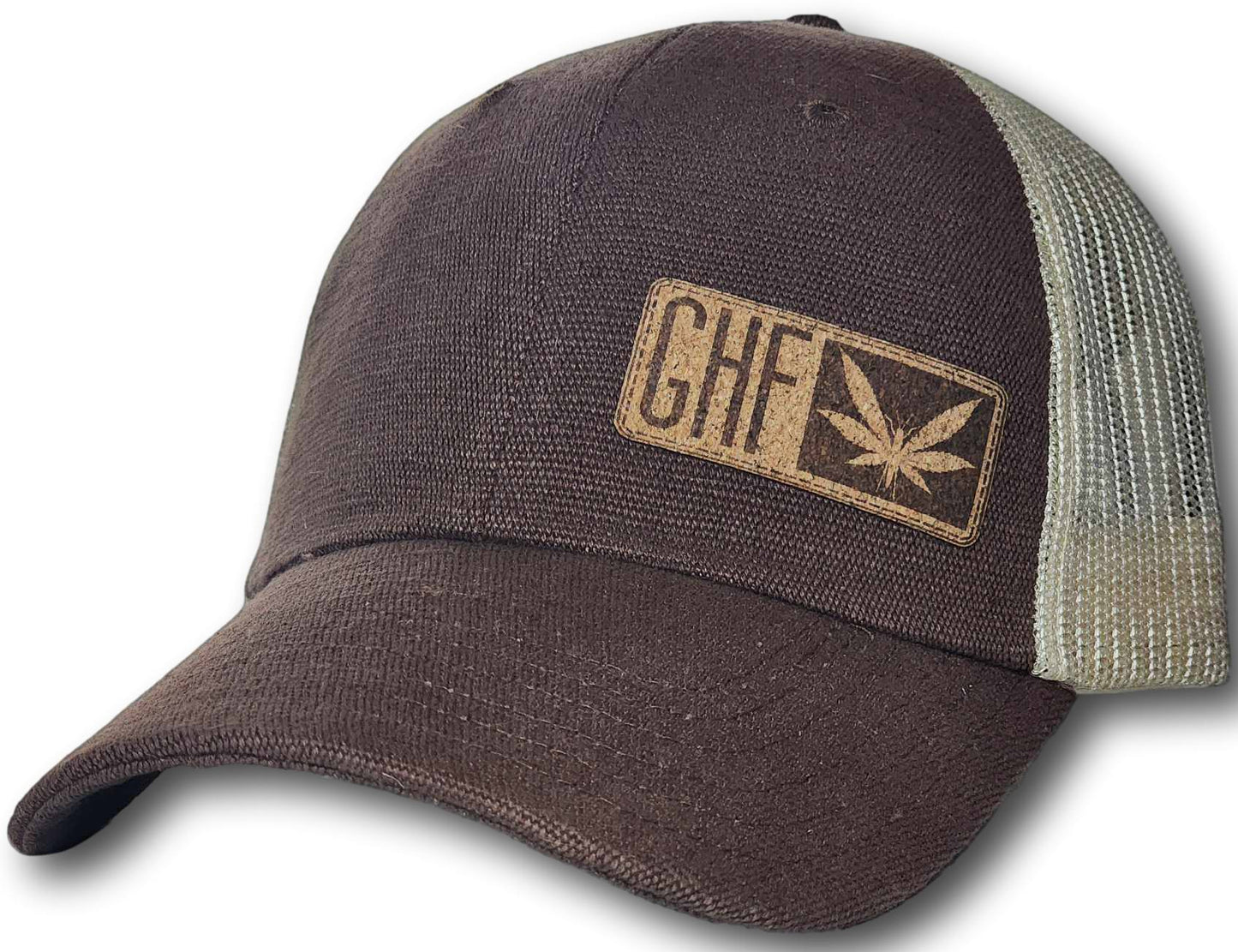 Embossed Leatherette Horizontal Logo Washed Hemp Trucker Hat